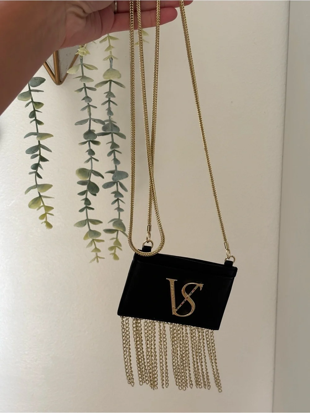 Victoria's Secret Black and Gold Fringe Chain Crossbody Wallet